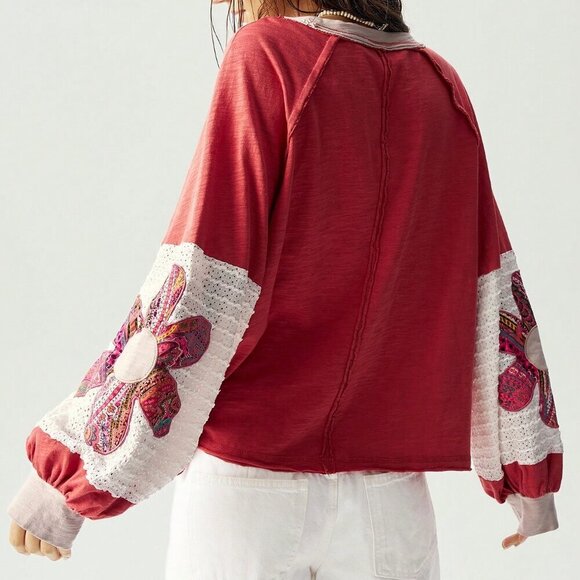 Pink Casual Women's Boho Knit Patchwork Lantern Sleeve Colorful Floral T-Shirt - Picture 7 of 7